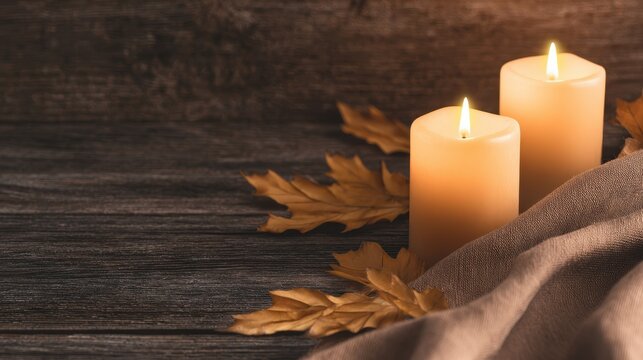 Two lit candles surrounded by autumn leaves on a rustic wooden table, creating a warm atmosphere