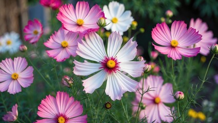 Fototapeta premium Colorful Cosmos Flower - Beautiful Pink White Flower In Backyard Garden with empty copy space for text