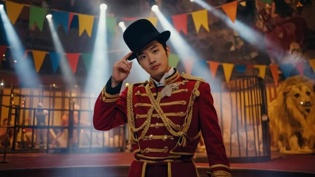 Performer wearing a red coat and top hat, standing on stage in front of lights.