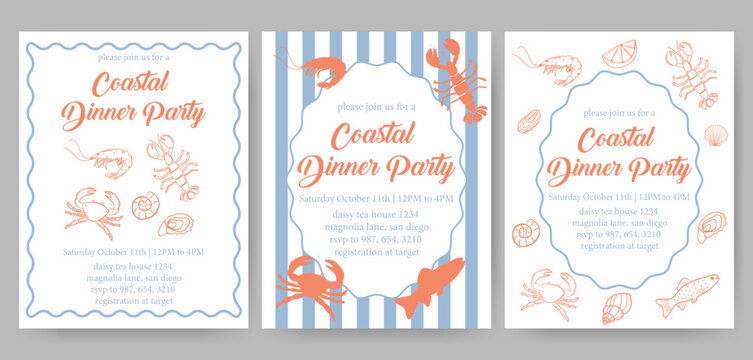 Hand drawn coastal seafood dinner invitation. Lobster, shrimp, crab, oyster, shell, ocean elements. Elegant nautical party card with sea animal doodles. Vector flat line illustration for beach-themed 