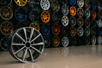 A wheel is displayed in a showroom with many other wheels of different colors. The wheel is black and silver, and it is the only one that is not surrounded by other wheels. The showroom is well-lit