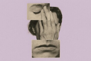 abstract vintage collage depicting human emotions with intertwined faces and hands showcasing vulnerability and introspection on a pastel background
