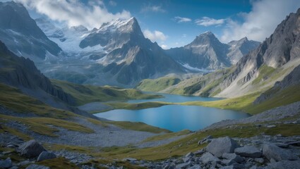 Stunning landscape of Rila Mountain near The Scary Lake and Peaks with mountains, lake, and green valleys