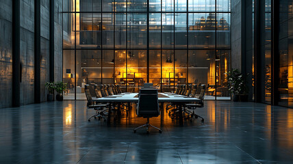 Modern corporate meeting room featuring long conference table surrounded by ergonomic chairs. space is illuminated by warm lighting, creating professional yet inviting atmosphere