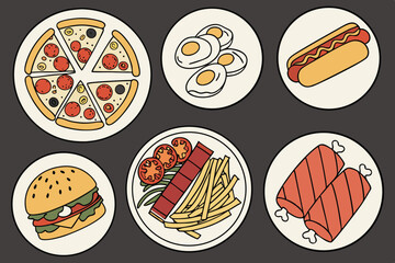 Top-down vector illustration of assorted international food on plates