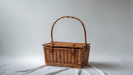 Bamboo picnic basket with holder against a white backdrop. Features empty space available for text.