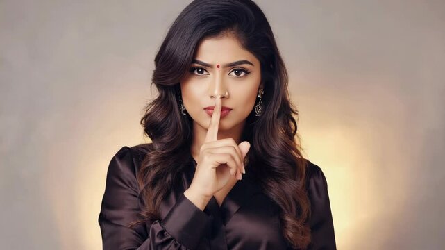 Indian actress in black confidentiality pose, sealing lips with index finger, studio lighting highlights. South Indian film industry professional.