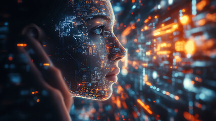 Image depicts futuristic representation of human face integrated with digital elements, symbolizing fusion of technology and humanity. glowing circuits and data streams create captivating visual