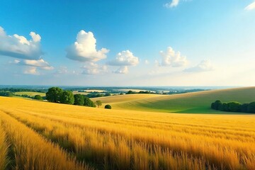 Obraz premium Vast, flat farmland stretches to the horizon under a big sky Rolling fields meet the distant trees creating a tranquil landscape Perfect for idyllic, peaceful imagery , cultivated, space