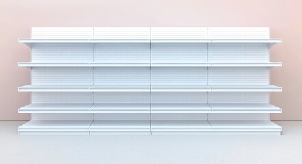 Empty white displays highlighting retail gondolas in a supermarket setting.