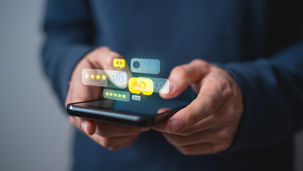 Businessman holding a smartphone with a credit card and social network icons, showcasing mobile banking and online communication