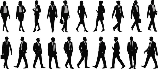 Silhouettes of Business People Walking – Men and Women in Formal Office Attire in Motion, Perfect for Corporate Design Themes