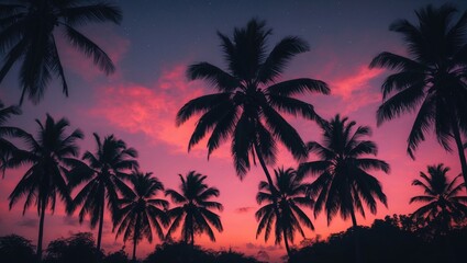 Obraz premium Trees silhouette on twilight sky with dusk gloaming nightfall atmosphere, dark black coconut tree, and empty copy space for text.