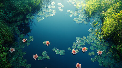 Serene view from above of tranquil Swedish water body adorned with vibrant lily pads and delicate pink flowers, surrounded by lush green grass, creating peaceful atmosphere