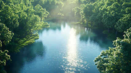 Serene view from above of tranquil water body surrounded by lush green trees, reflecting soft sunlight. peaceful atmosphere evokes sense of calm and connection with nature