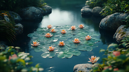 Serene view from above of tranquil pond featuring vibrant water lilies surrounded by smooth stones and lush greenery, creating peaceful natural setting