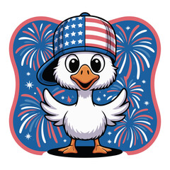 Illustration of a cartoon duckling in baseball caps with a print of the American flag in front of fireworks, symbolizing freedom and independence on a white isolated background. Vector graphics. EPS.
