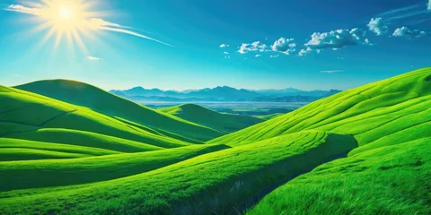 Fototapete Rolling green hills under a bright blue sky with distant mountains in the background during a sunny day with empty copy space for text © Lasvu