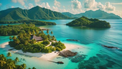 Aerial view of a tranquil island landscape with beautiful beaches, travel concept, and empty space for text.