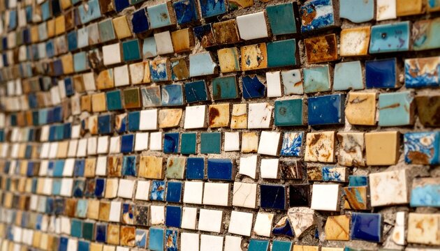 Close-up of chipped mosaic tile on old pagoda wall