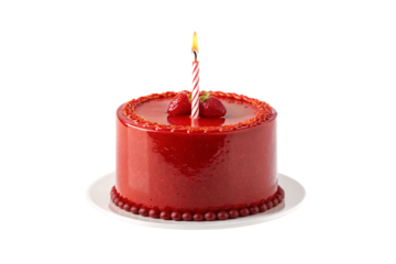 Red strawberry birthday cake with single striped candle and fresh berries, isolated on a transparent background