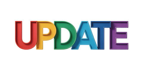"UPDATE" text in 3D rainbow colors with beveled edges and shadow depth

