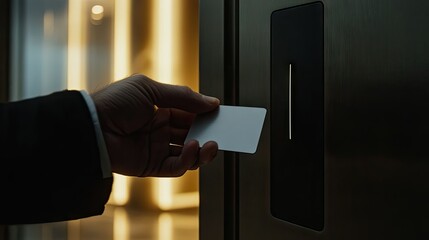 Hand holding a hotel key card just inches from the card reader on a sleek modern door, illustrating access and security