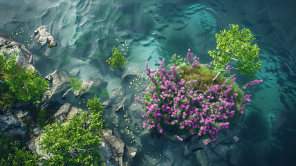 Aerial view of serene water landscape featuring vibrant pink flowers and lush greenery along rocky shores, creating tranquil and picturesque scene