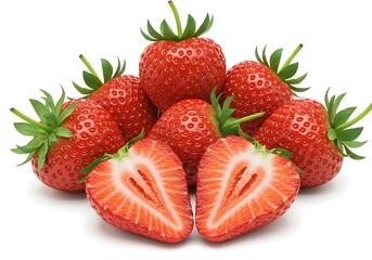 A group of strawberries with one cut in half