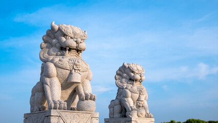 Couple carved stone Chinese lion statues in outdoor area against blue sky background, low angle and perspective side view