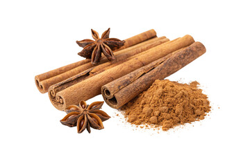 Bundled cinnamon sticks with star anise and fine ground cinnamon powder, isolated on a transparent background