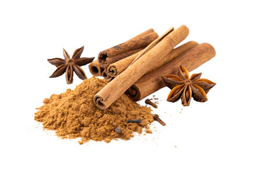 Ground cinnamon powder with whole bark sticks and star anise spices, isolated on a transparent background