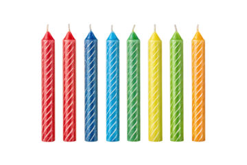 Spiral twisted birthday candles colorful rainbow stripes unlit celebration party decoration festive vertical standing, isolated on a transparent background