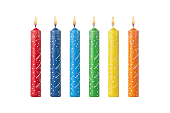 Colorful birthday candles with star patterns lit flames rainbow colors celebration party decoration festive, isolated on a transparent background