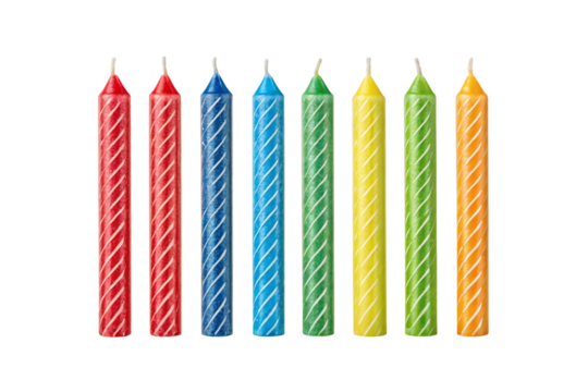 Spiral twisted birthday candles colorful rainbow stripes unlit celebration party decoration festive vertical standing, isolated on a transparent background
