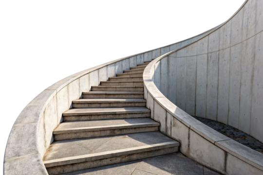 Curved concrete staircase modern architecture ascending steps geometric design minimalist brutalist style contemporary building, isolated on a transparent background