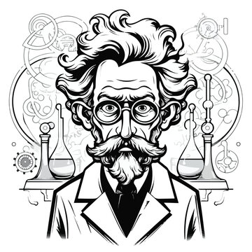 Professional Black and White Cartoon Illustration of a Scientific Male Character