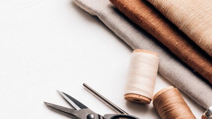 Sewing tools and fabric pieces arranged on a white surface for crafting projects
