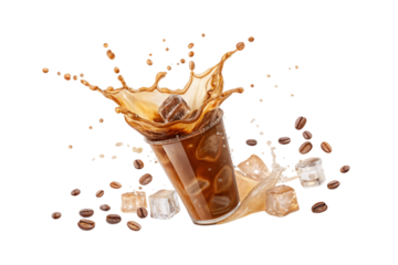 Tilted glass with iced coffee creating spectacular crown splash with coffee beans and ice cubes flying around, isolated on a transparent background