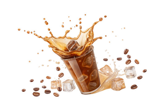 Tilted glass with iced coffee creating spectacular crown splash with coffee beans and ice cubes flying around, isolated on a transparent background