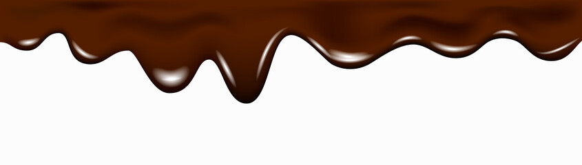 Realistic dark chocolate falling drops, dripping melted liquid cocoa cream.