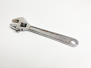 Adjustable spanner isolated on white. Chrome vanadium wrench. Industrial spanner.