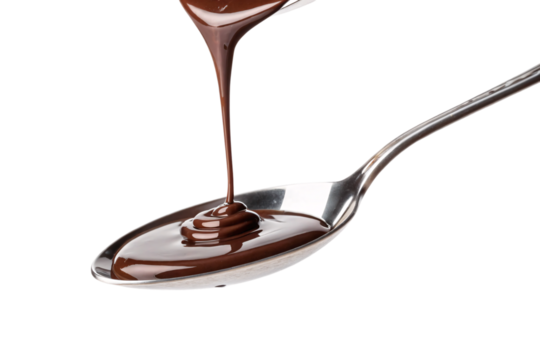 Dark chocolate liquid pouring from spoon creating decorative coil pattern with glossy finish below, isolated on a transparent background
