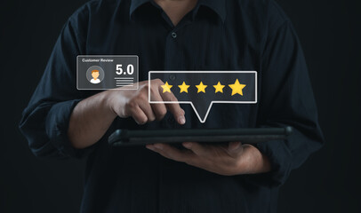 Customer rating screen shows a user giving five stars using a digital tablet. Perfect for online...