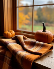 checkered orange blanket and pumpkins on the windowsill