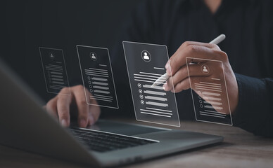 Recruiter selecting a digital resume from multiple candidate profiles using a stylus on a virtual screen. Ideal for HR tech, job application systems, and modern recruitment workflows.