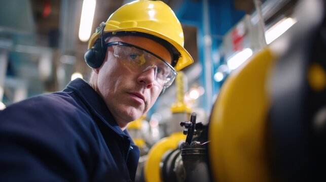 Industrial worker in safety gear inspecting machinery in a factory setting with equipment
