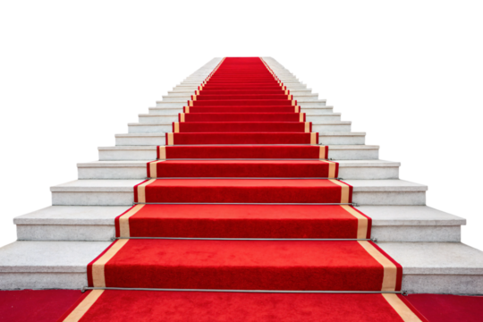 Formal red carpet staircase with gold trim ascending upward in classic ceremonial style with elegant presentation, isolated on a transparent background