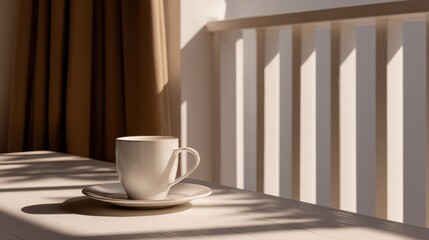 Obraz premium A serene morning scene featuring a white coffee cup on a table with soft shadows and warm sunlight