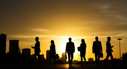 Business Team Silhouetted at Sunset: Leadership, Unity, and Professional Success
